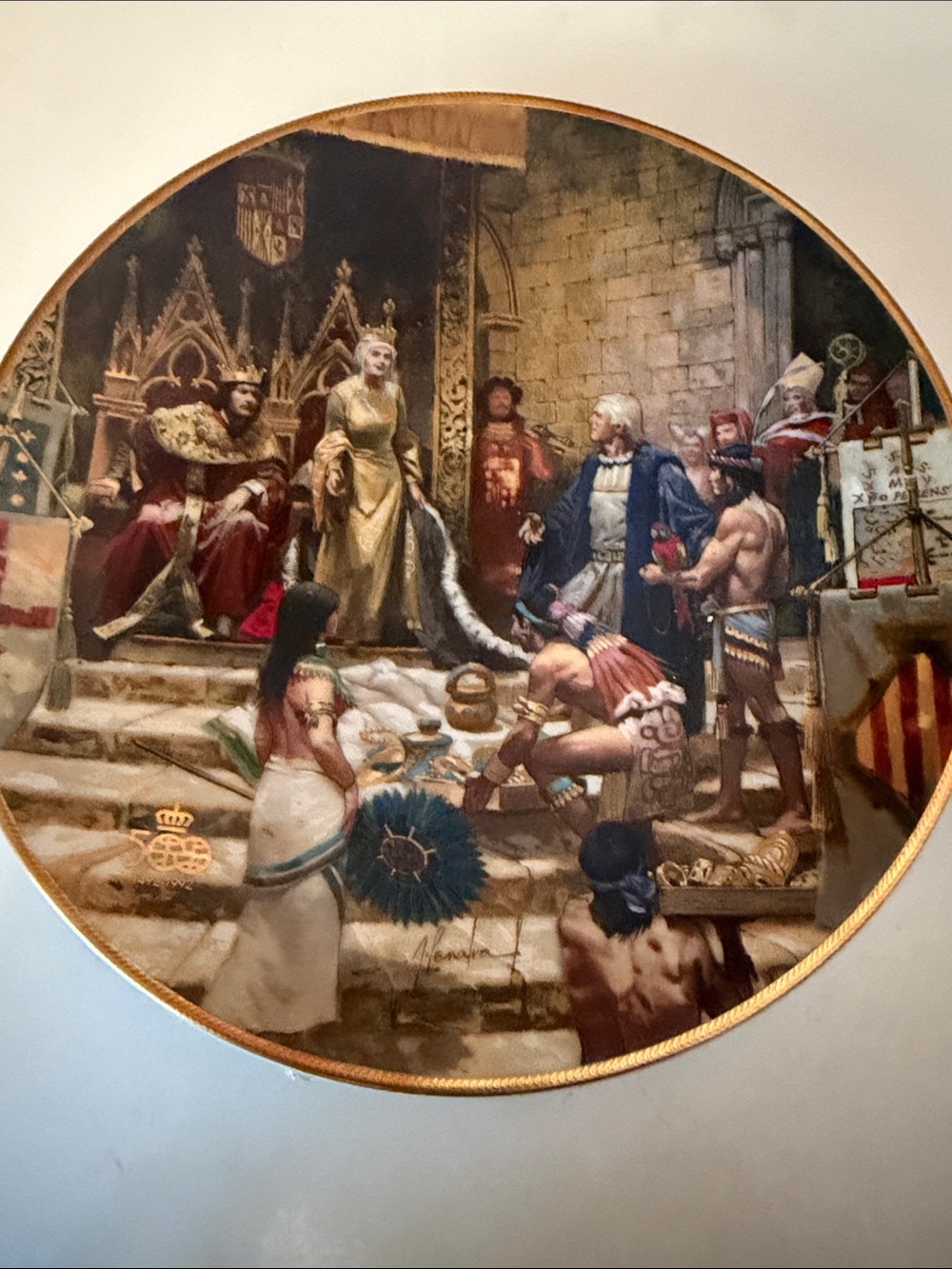 Round Decorative Historical Wall Plaque with Gold Trim - Brown & Gold